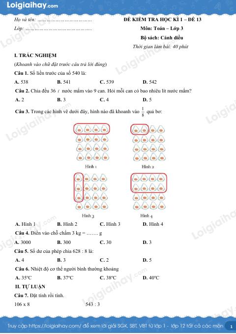 Đề kiểm tra học kì 1 Toán 3 Cánh diều - Đề số 13